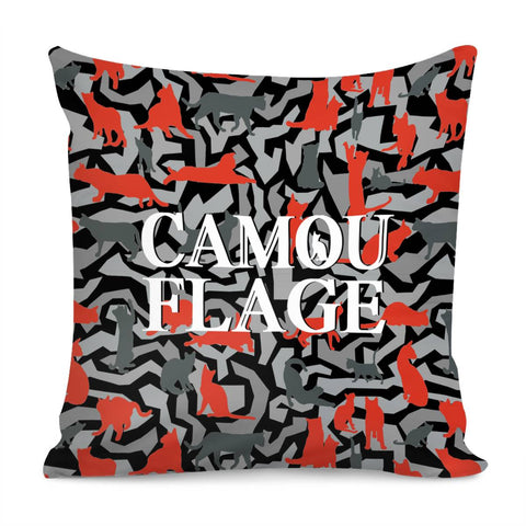 Image of Cat And Camouflage And Geometry And Text Pillow Cover