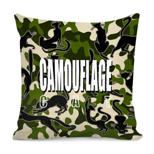 Cat And Camouflage And Geometry And Text Pillow Cover