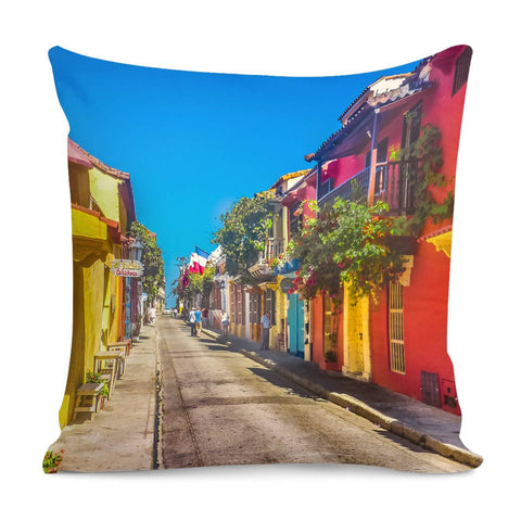 Image of Traditional Street In Cartagena De Indias, Colombia Pillow Cover