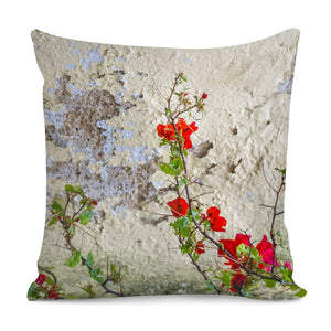 Red Flowers Over Damaged Wall Pillow Cover