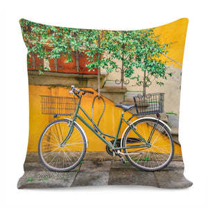 Bicycle Parked At Wall, Lucca, Italy Pillow Cover