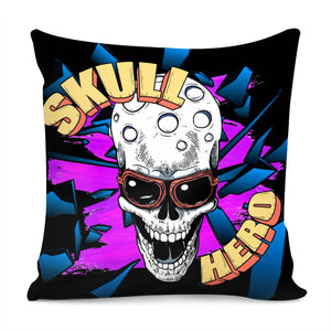 Skull And Glasses And Debris And Fonts Pillow Cover