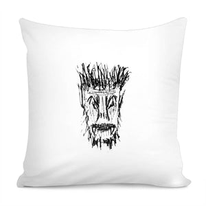 Black And White Monster Head Drawing Pillow Cover