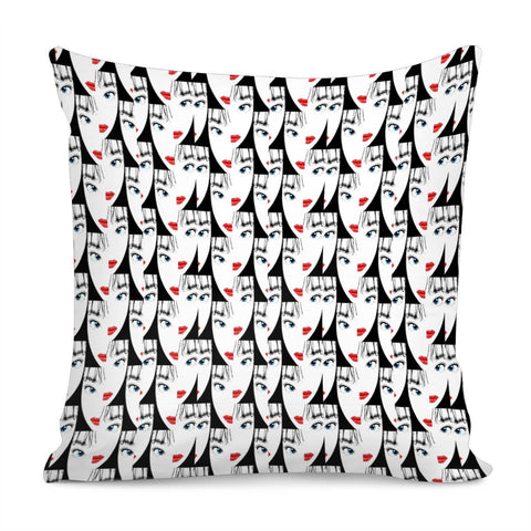 Image of Cartoon Style Asian Woman Portrait Collage Pattern Pillow Cover