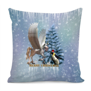 Merry Christmas, Funny Pegasus With Penguin Pillow Cover