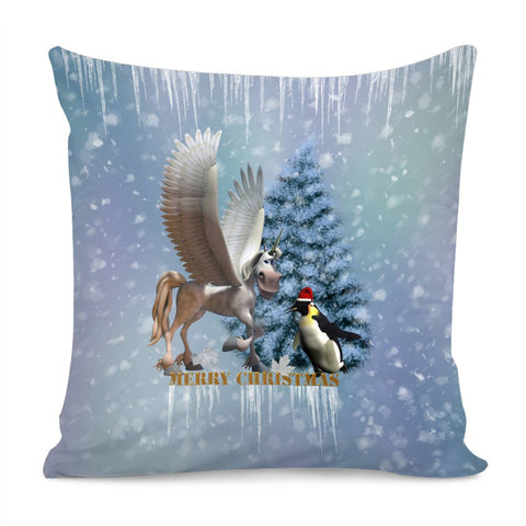 Image of Merry Christmas, Funny Pegasus With Penguin Pillow Cover