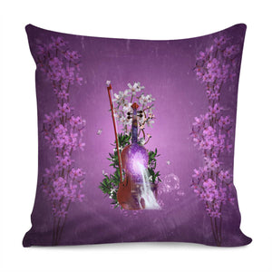 Music, Wonderful Violin With Waterfall And Flowers Pillow Cover