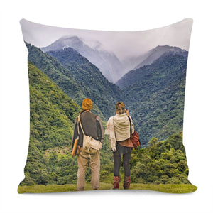 Young Backpackers At Top Of Mountain, Banos, Ecuador Pillow Cover
