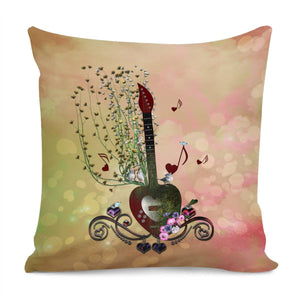 Music, Heart Guitar With Flowers Pillow Cover