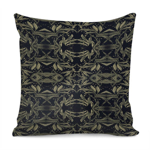 Stylized Golden Ornate Nature Motif Print Pillow Cover