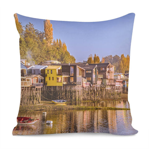 Image of Lakefront Palafito Houses, Chiloe Island, Chile Pillow Cover
