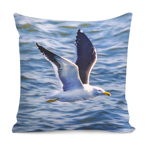 Image of Seagull Flying Over Sea, Montevideo, Uruguay Pillow Cover