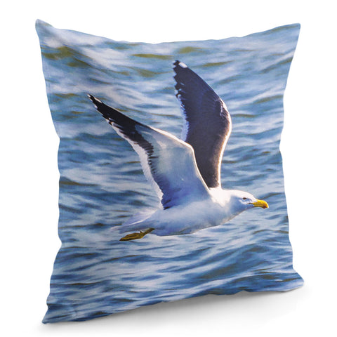 Image of Seagull Flying Over Sea, Montevideo, Uruguay Pillow Cover