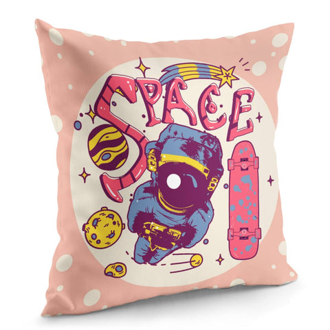 Image of Starry Sky And Astronauts And Skateboards And Universe And Fonts Pillow Cover