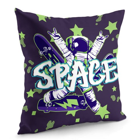 Image of Starry Sky And Astronauts And Skateboards And Universe And Fonts Pillow Cover