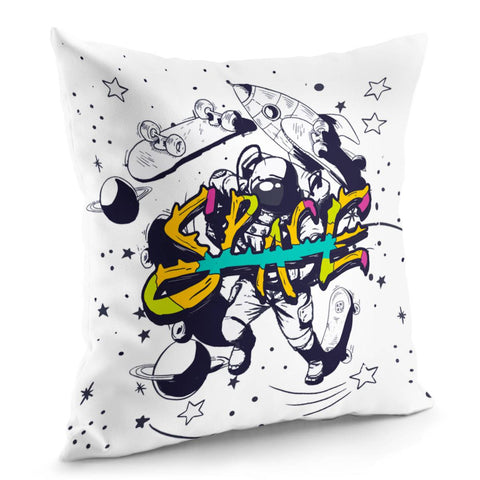 Image of Starry Sky And Astronauts And Skateboards And Universe And Fonts Pillow Cover