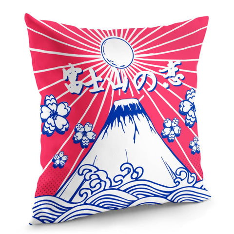 Image of Mount Fuji And Cherry Blossoms And Waves And Sun And Light Pillow Cover