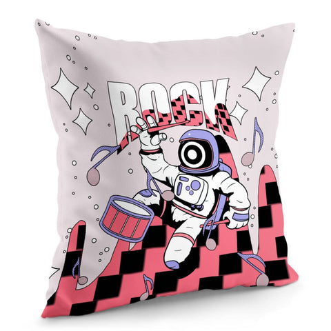 Image of Astronaut And Starry Sky And Musical Instruments And Drums And Notes And Sound Waves And Fonts Pillow Cover