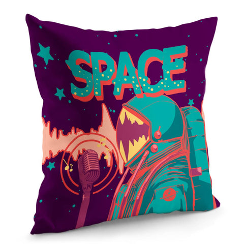 Image of Astronaut And Starry Sky And Musical Instruments And Musical Notes And Sound Waves And Fonts Pillow Cover