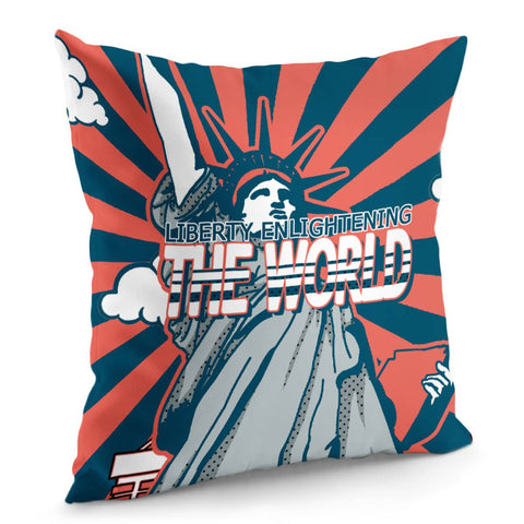 Image of Statue Of Liberty And Light And Clouds And Tall Buildings And Stripes And Fonts Pillow Cover