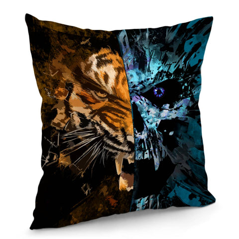 Image of Tiger And Skull And Fragments And Texture Pillow Cover