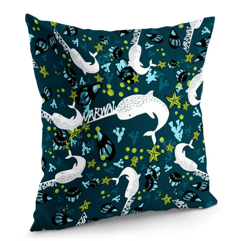 Image of Narwhal And Fonts And Bubbles And Ocean And Starfish And Seaweed Pillow Cover