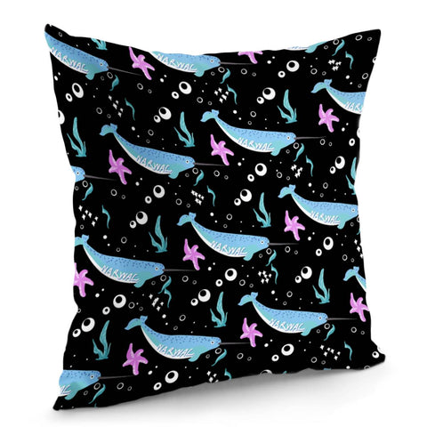 Image of Narwhal And Font And Bubbles And Starfish And Seaweed Pillow Cover