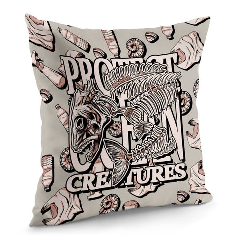 Image of Fish Bones And Plastic Trash And Fonts And Conch And Sea Shells Pillow Cover