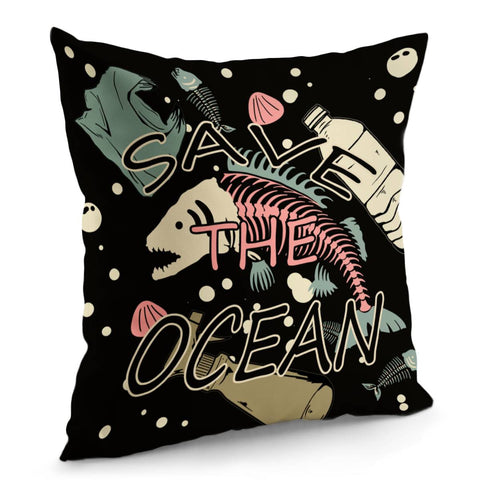 Image of Fish Bones And Plastic Trash And Fonts And Sea Shells Pillow Cover