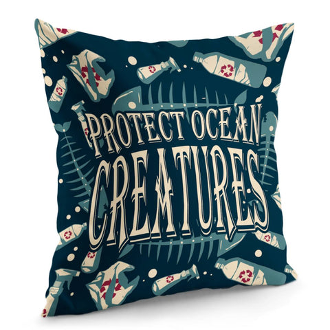 Image of Fish Bones And Plastic Trash And Fonts And Bubbles Pillow Cover