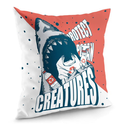 Image of Shark And Plastic Trash And Fonts And Bubbles Pillow Cover