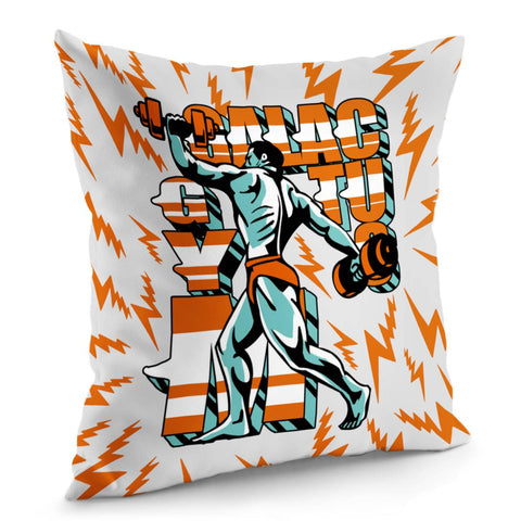 Image of Weightlifting And Figures And Dumbbells And Lightning And Font Pillow Cover