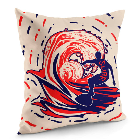 Image of Surfing And Silhouettes And Fonts And Waves And Geometry Pillow Cover