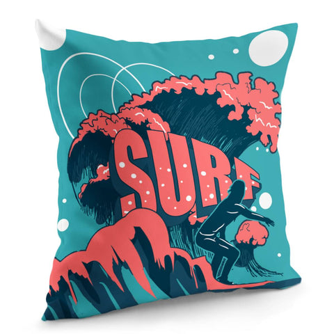 Image of Surfing And Silhouettes And Fonts And Waves And Geometry Pillow Cover