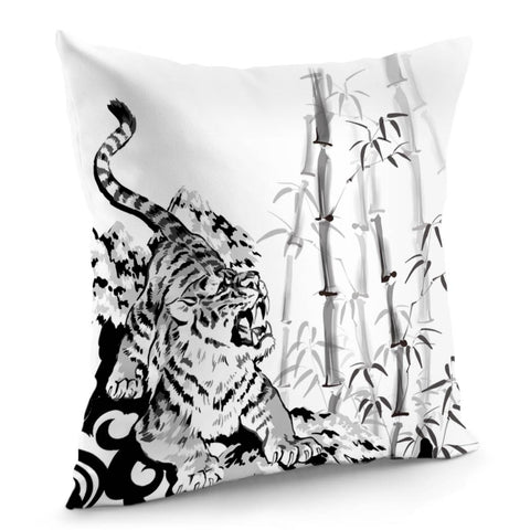 Image of Chinese Tiger And Ink And Geometry And Bamboo Pillow Cover