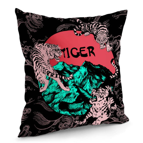 Image of Chinese Tiger And Mountain Range And Pattern And Sun Pillow Cover