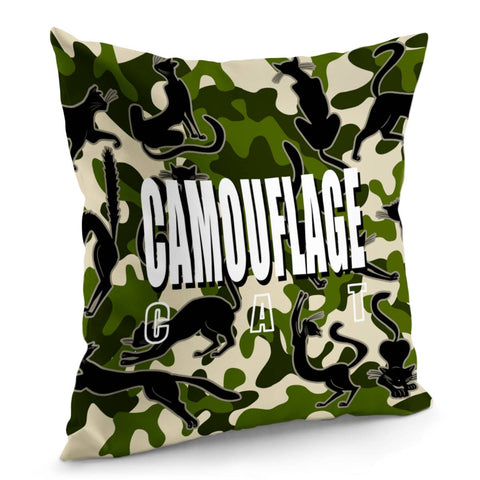 Image of Cat And Camouflage And Geometry And Text Pillow Cover