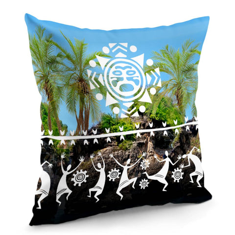 Image of Island And Coconut Trees And Totems And Symbols Pillow Cover