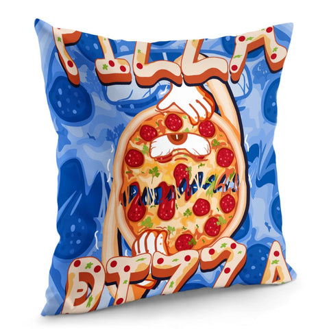 Image of Pizza And Monsters And Meat And Vegetables And Fonts Pillow Cover