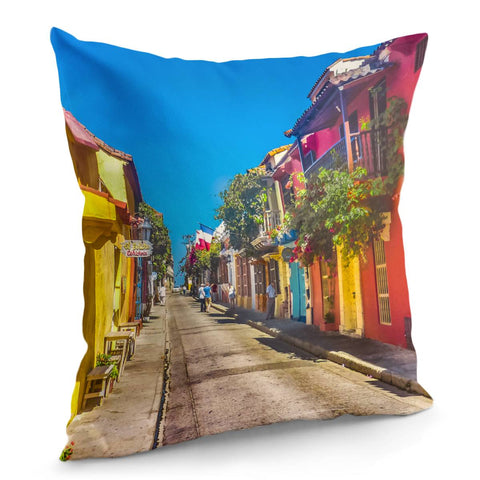 Image of Traditional Street In Cartagena De Indias, Colombia Pillow Cover