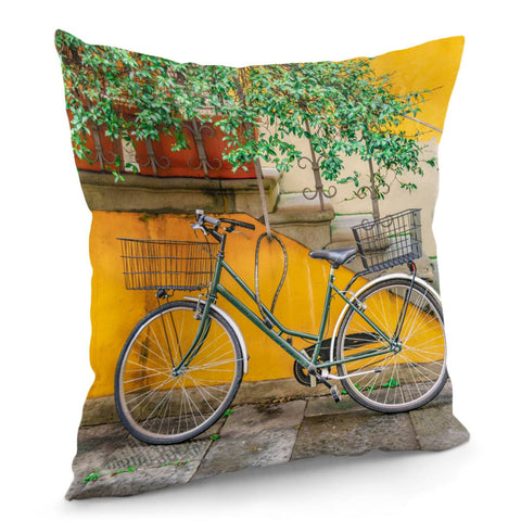 Image of Bicycle Parked At Wall, Lucca, Italy Pillow Cover