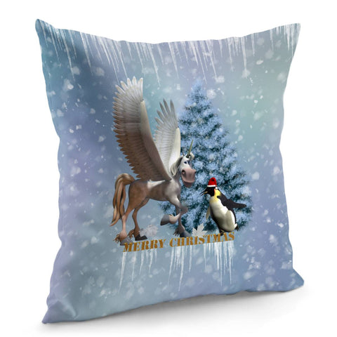 Image of Merry Christmas, Funny Pegasus With Penguin Pillow Cover