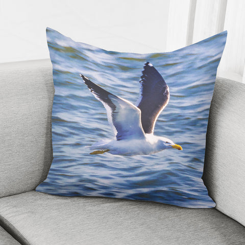 Image of Seagull Flying Over Sea, Montevideo, Uruguay Pillow Cover