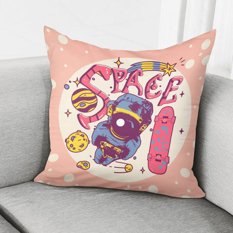 Image of Starry Sky And Astronauts And Skateboards And Universe And Fonts Pillow Cover