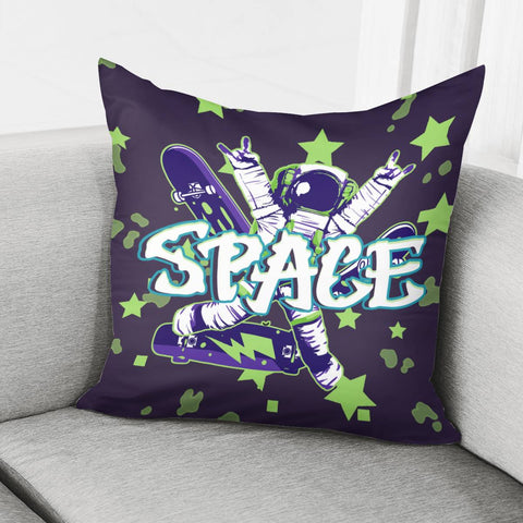 Image of Starry Sky And Astronauts And Skateboards And Universe And Fonts Pillow Cover