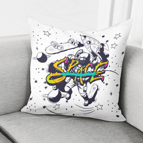 Image of Starry Sky And Astronauts And Skateboards And Universe And Fonts Pillow Cover