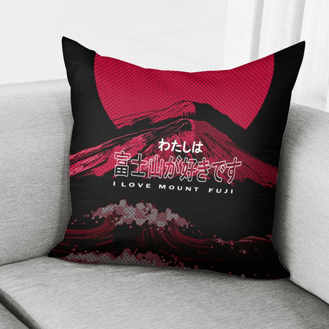 Image of Mount Fuji And Fonts And Waves And Sun Pillow Cover