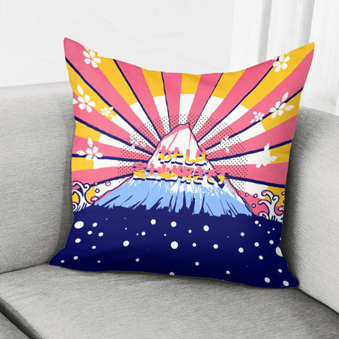 Image of Mount Fuji And Fonts And Light And Sun And Waves And Cherry Blossoms And Polka Dots Pillow Cover