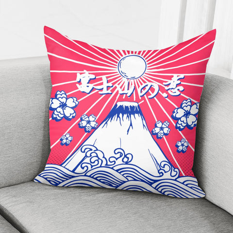 Image of Mount Fuji And Cherry Blossoms And Waves And Sun And Light Pillow Cover