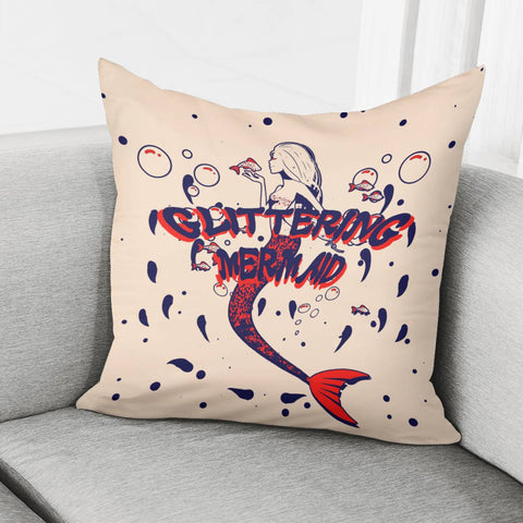 Image of Mermaid And Fish And Bubbles And Water Waves And Polka Dots And Fonts Pillow Cover